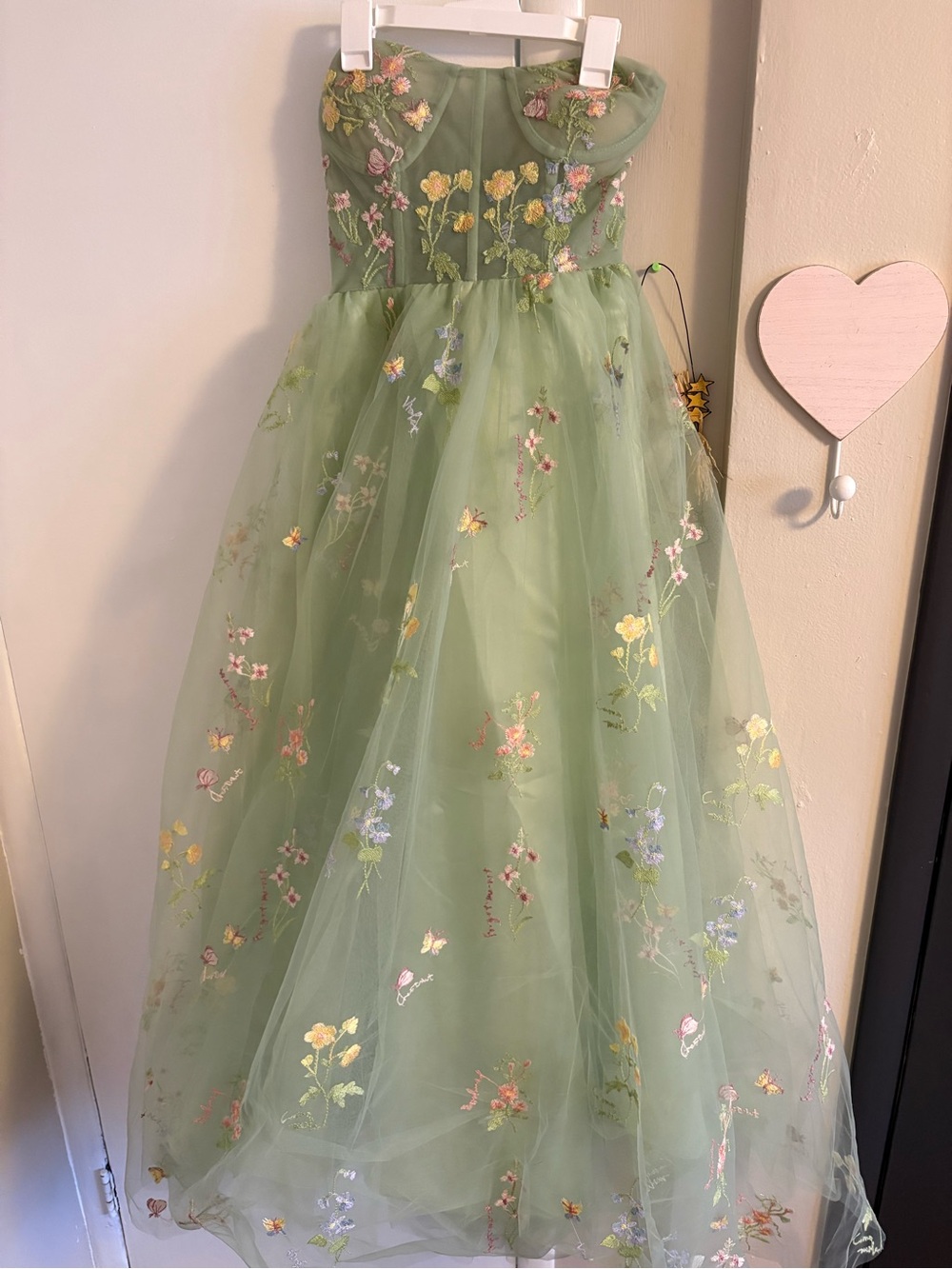 Strapless Sage Green Floral Tulle Prom Dress